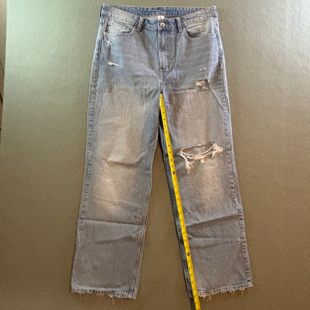 H&M &Denim Ultra High Waist Wide Leg Distressed Jeans Womens 14 Blue Denim - Picture 3 of 8